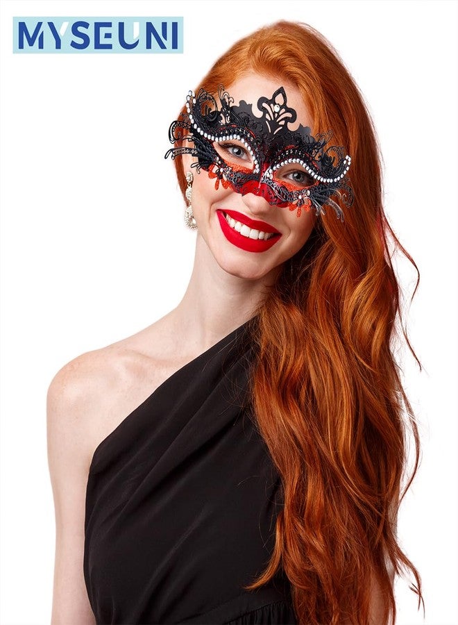MYSEUNI Masquerade Mask for Couple Red - Shiny Rhinestone Venetian Mask & Mens Venetian Half Face Mask for Christmas Mardi Gras Party Halloween Costume Cosplay Prom Masked Ball - Image 3